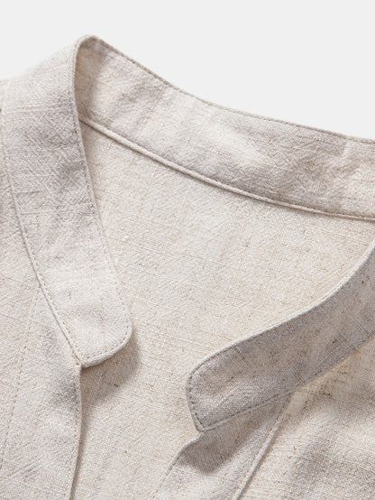 V-Neck Linen-Rayon Blend Top with Straight-Leg Linen Trousers