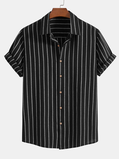 Striped Button-Up Shirt in Cotton Blend with Linen Drawstring Shorts