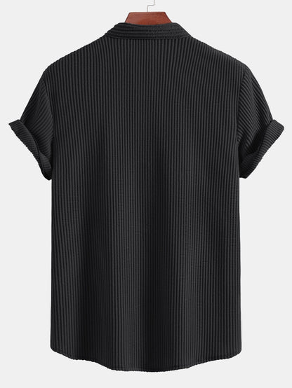Waffle Textured Stand Collar Shirt & Drawstring Waffle Shorts Set