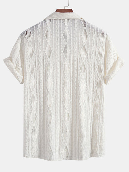 Geometric Jacquard Cuban Collar Shirt with Linen Drawstring Shorts