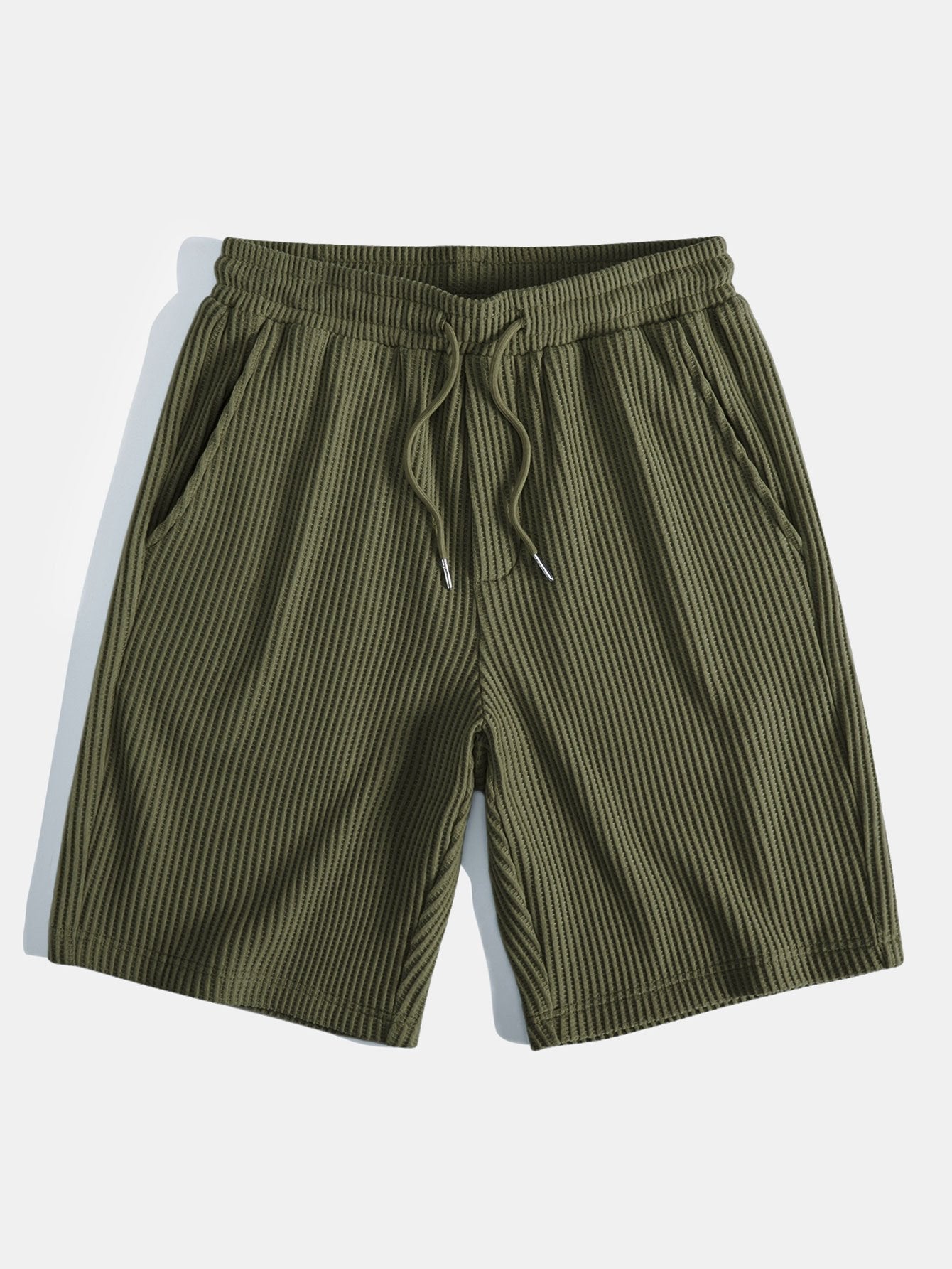 Waffle Textured Stand Collar Shirt & Drawstring Waffle Shorts Set