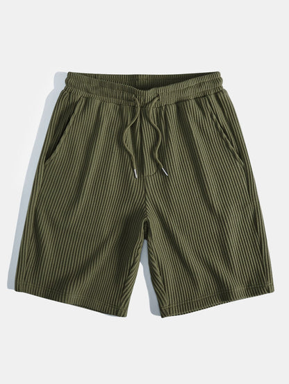 Waffle Textured Stand Collar Shirt & Drawstring Waffle Shorts Set