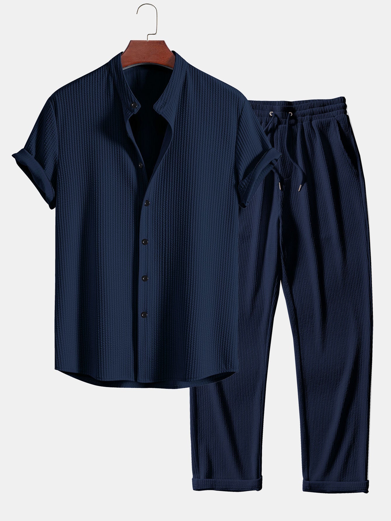 Muscle Fit Ribbed Stand Collar Top & Straight Leg Ribbed Trousers